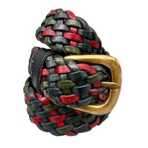Nordstrom Braided Woven Leather Belt Red Forest Green Navy Brass Buckle L 37"L